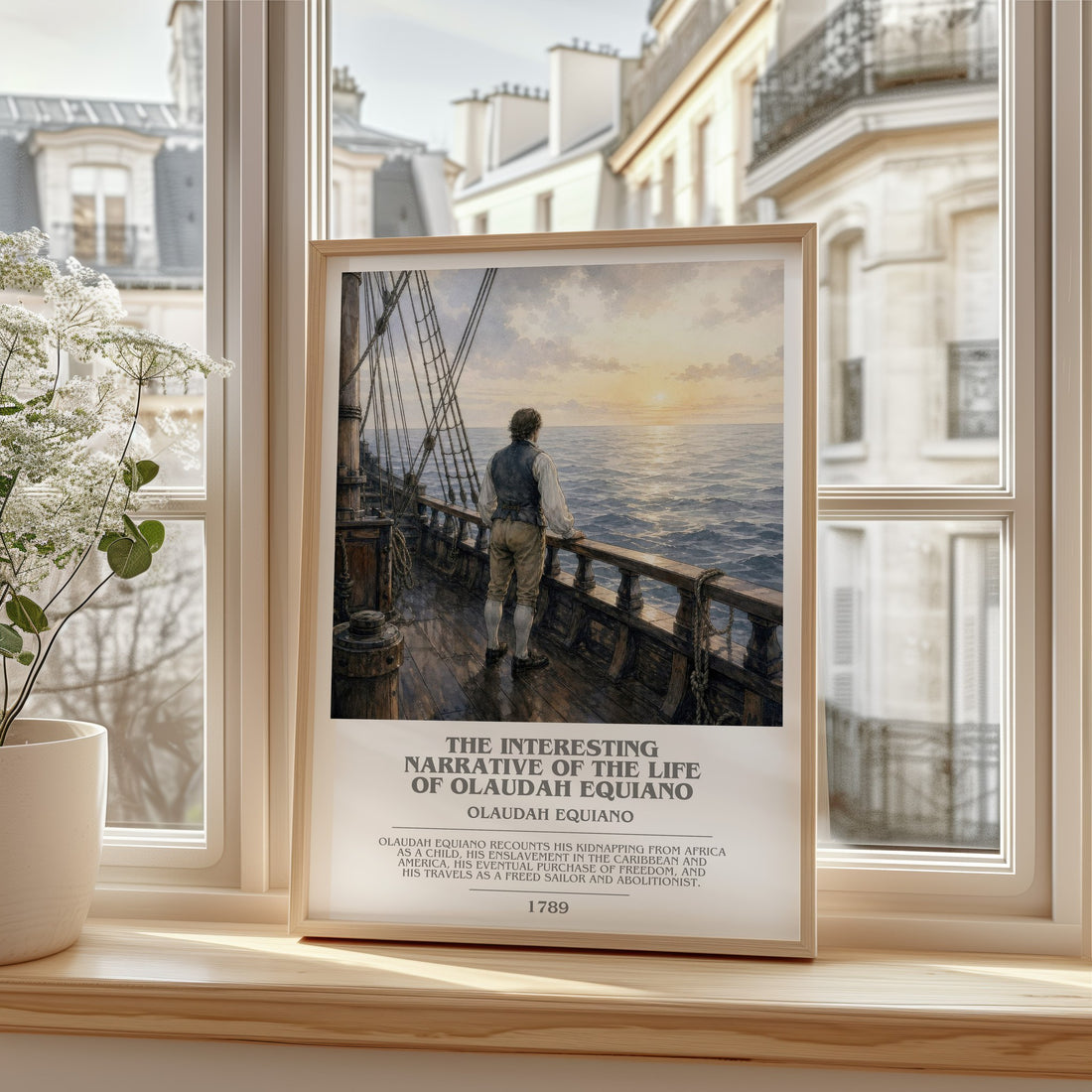 The Interesting Narrative of the Life of Olaudah Equiano bookish print in frame leaning in hallway – memoir wall art