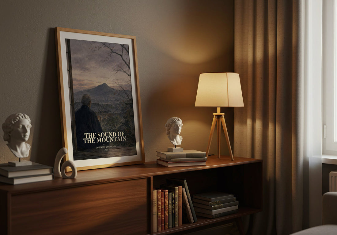 The Sound of the Mountain watercolour print on bookshelf – Yasunari Kawabata fan gift
