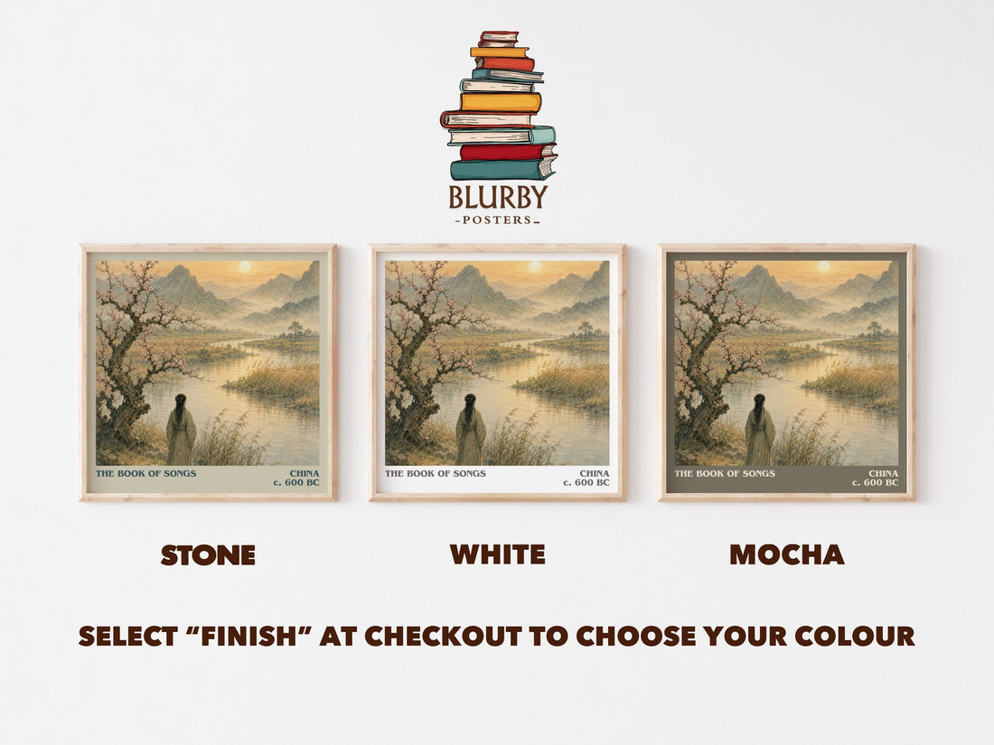 The Book of Songs literary print framed by window – Stone, White and Mocha square prints side by side – choose your colour