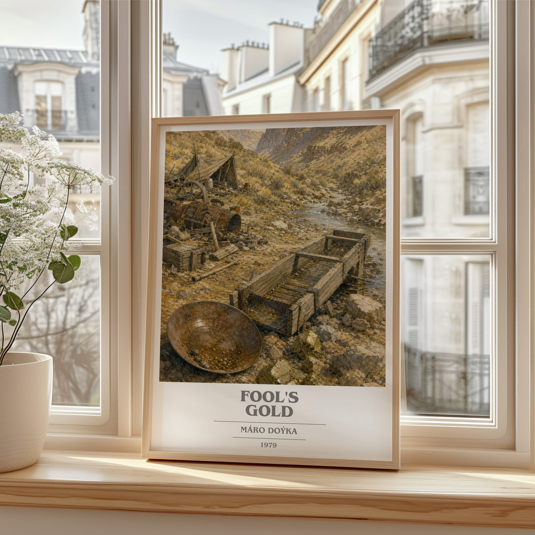 Fool's Gold book cover print in frame leaning in hallway – literary fiction wall art