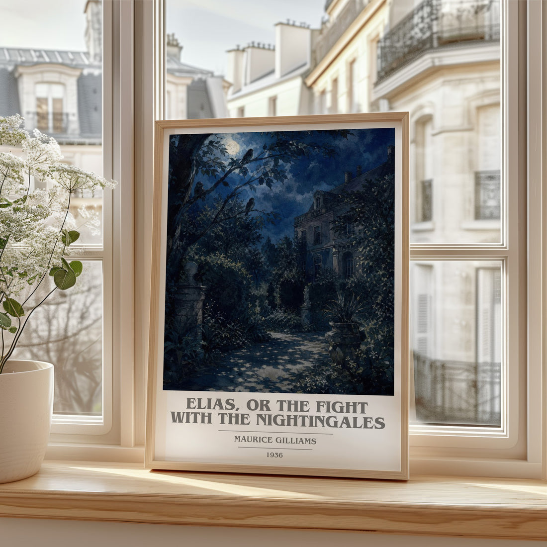 Elias, Or The Fight With The Nightingales book cover print in frame leaning in hallway – literary fiction wall art