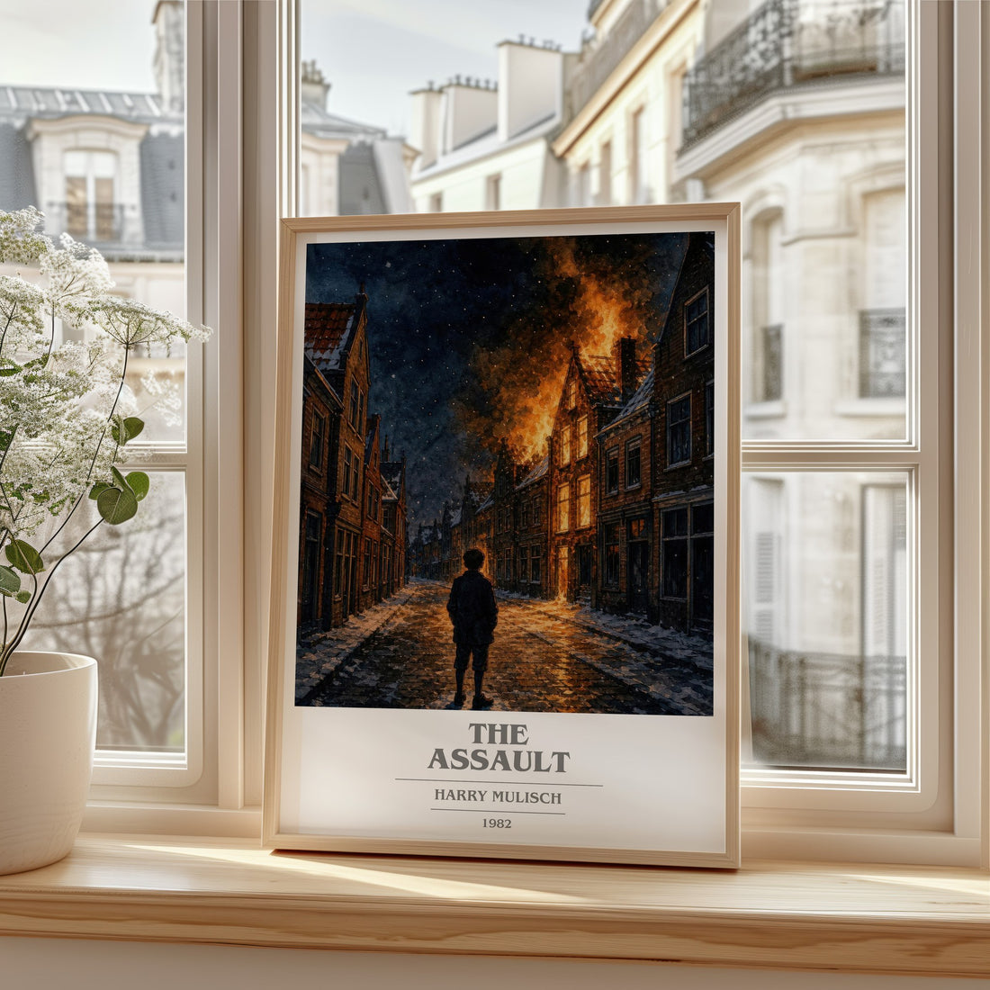 The Assault book cover print in frame leaning in hallway – historical fiction wall art