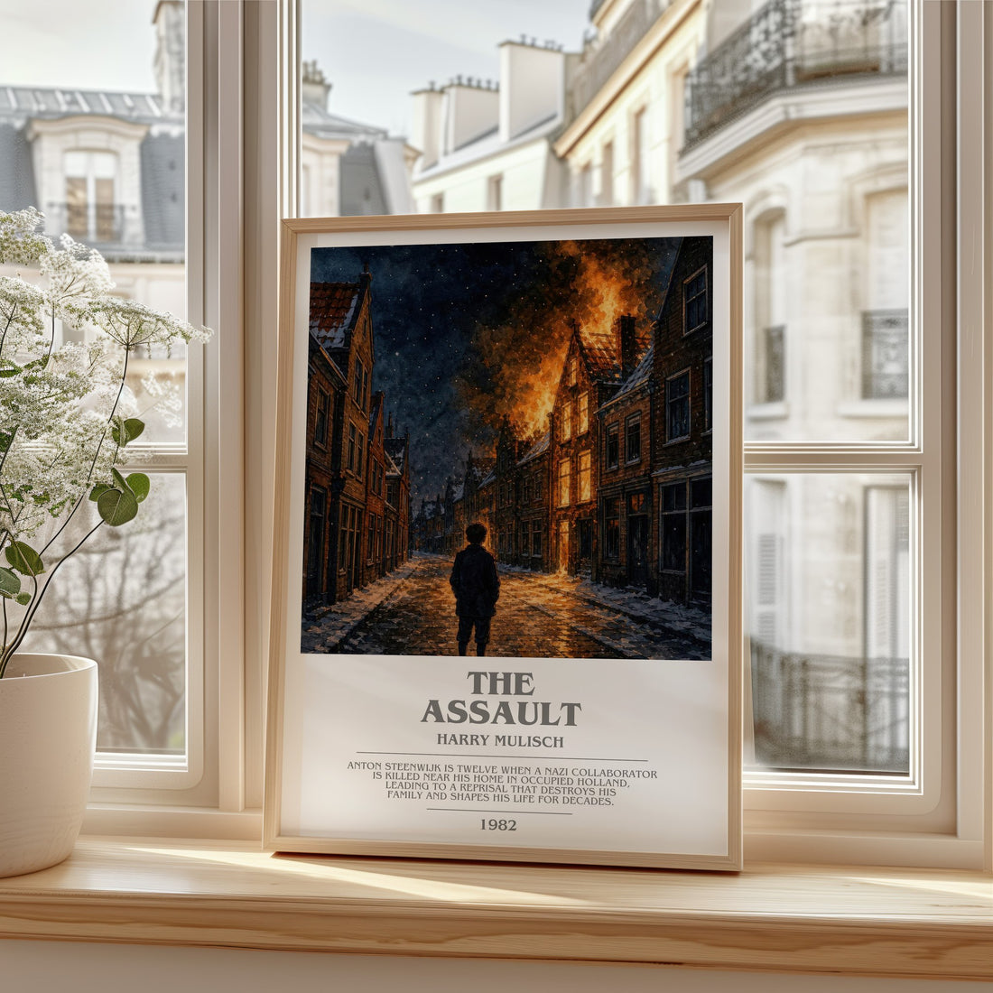 The Assault bookish print in frame leaning in hallway – historical fiction wall art
