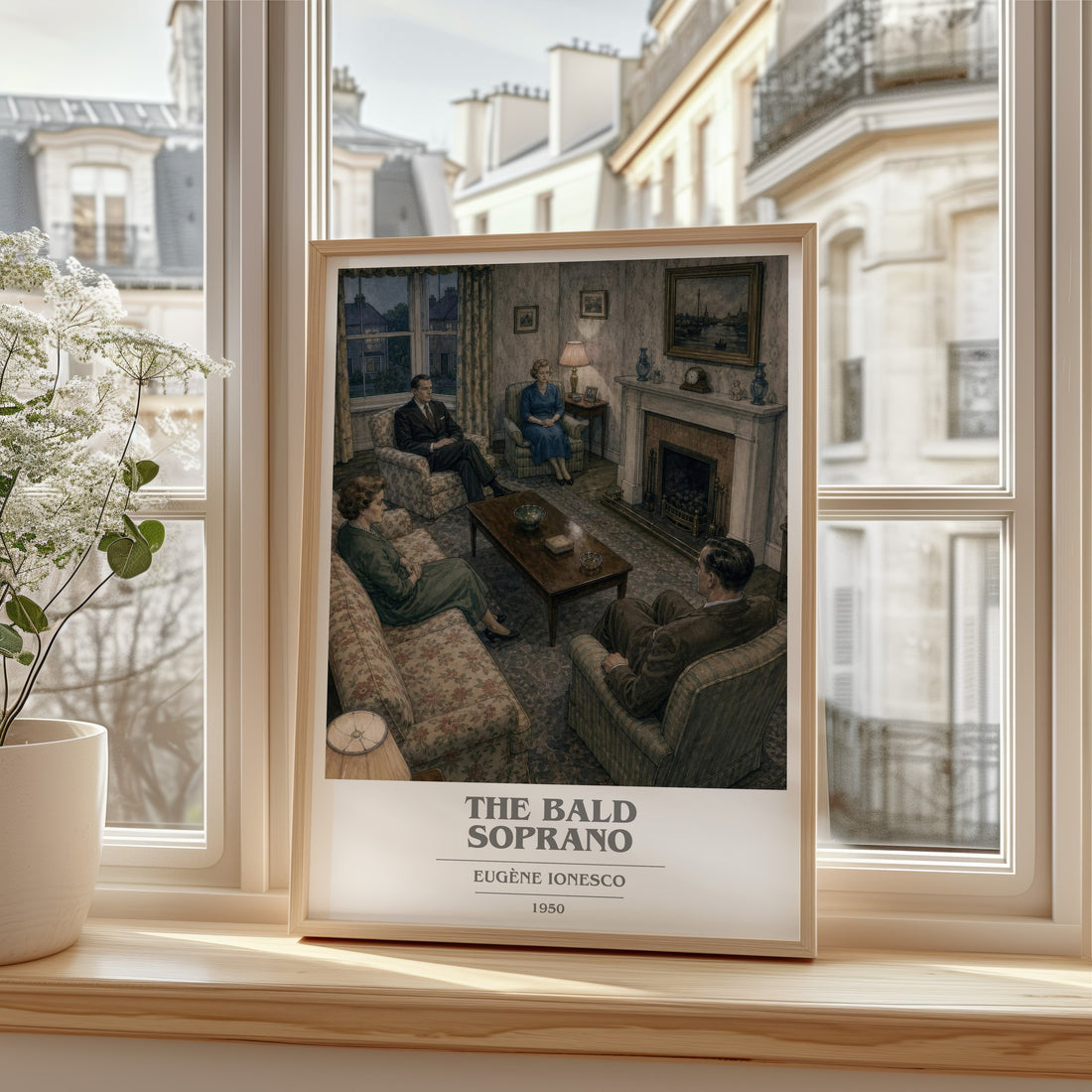 The Bald Soprano book cover print in frame leaning in hallway – literary fiction wall art