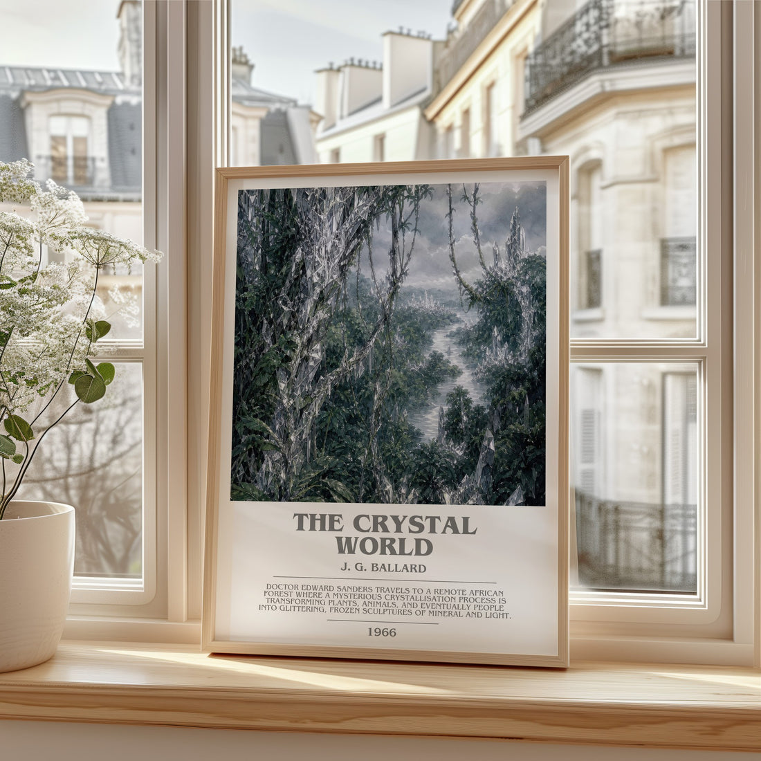 The Crystal World bookish print in frame leaning in hallway – sci fi wall art