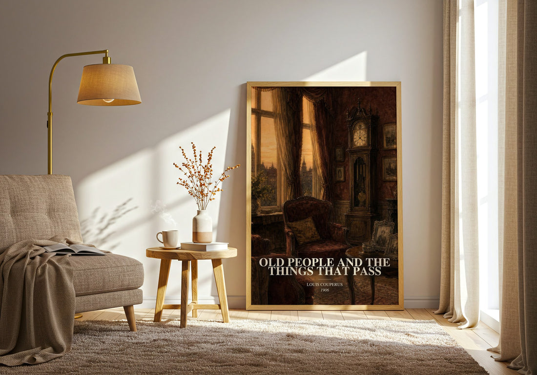 Old People And The Things That Pass watercolour print in frame leaning in hallway – literary fiction wall art