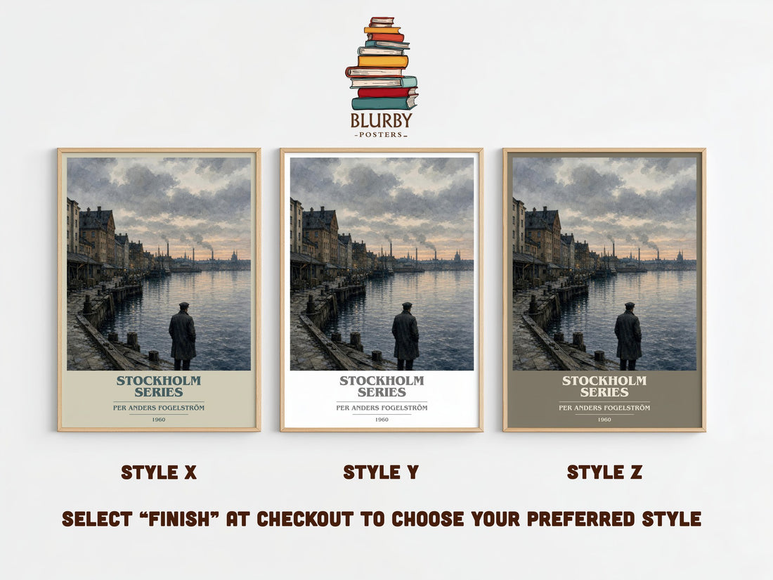 Stockholm series book cover print framed by window – literary home decor