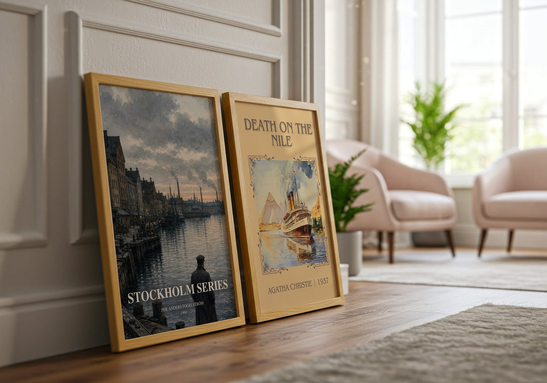 Stockholm series watercolour print framed by window – literary home decor