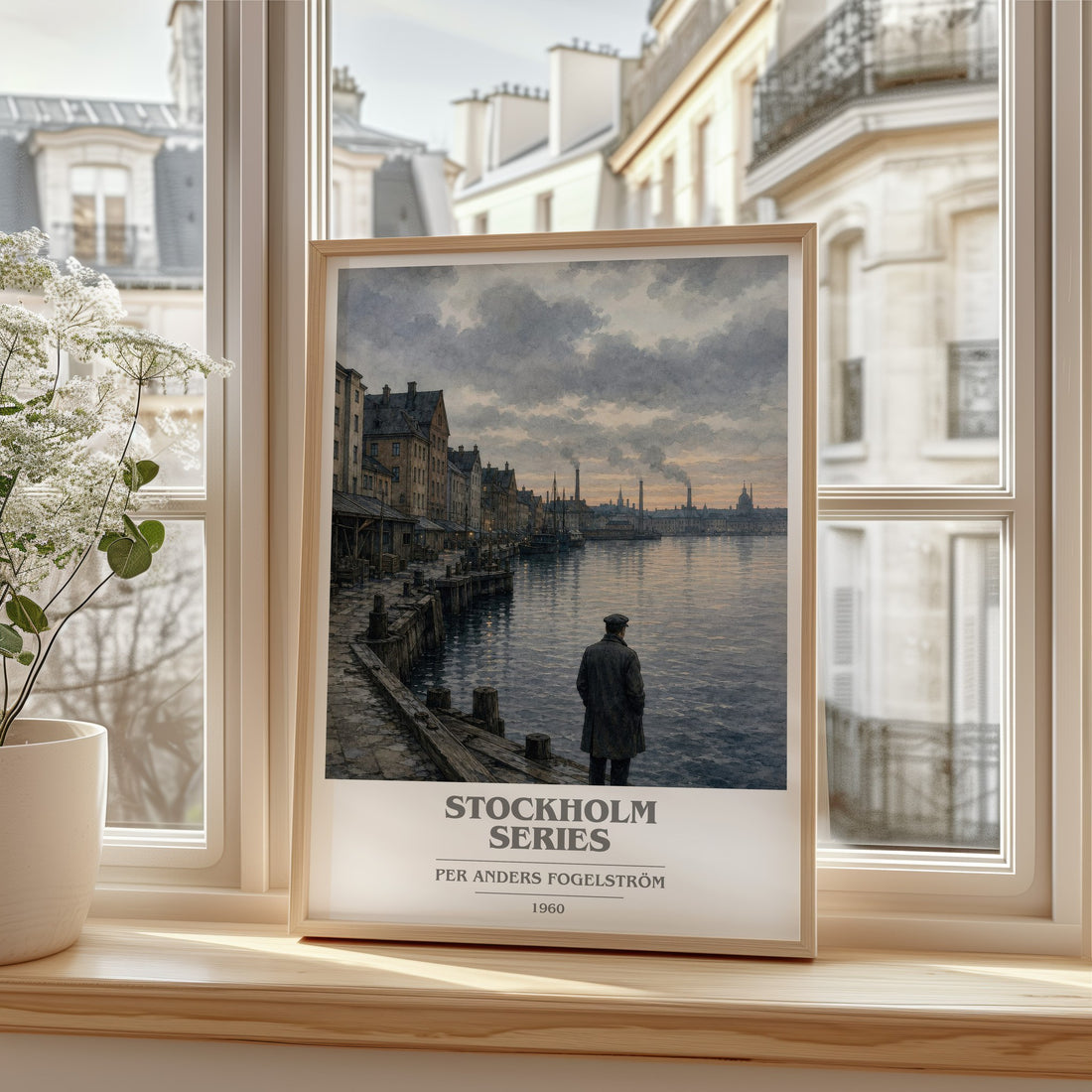 Stockholm series book cover print in frame leaning in hallway – historical fiction wall art