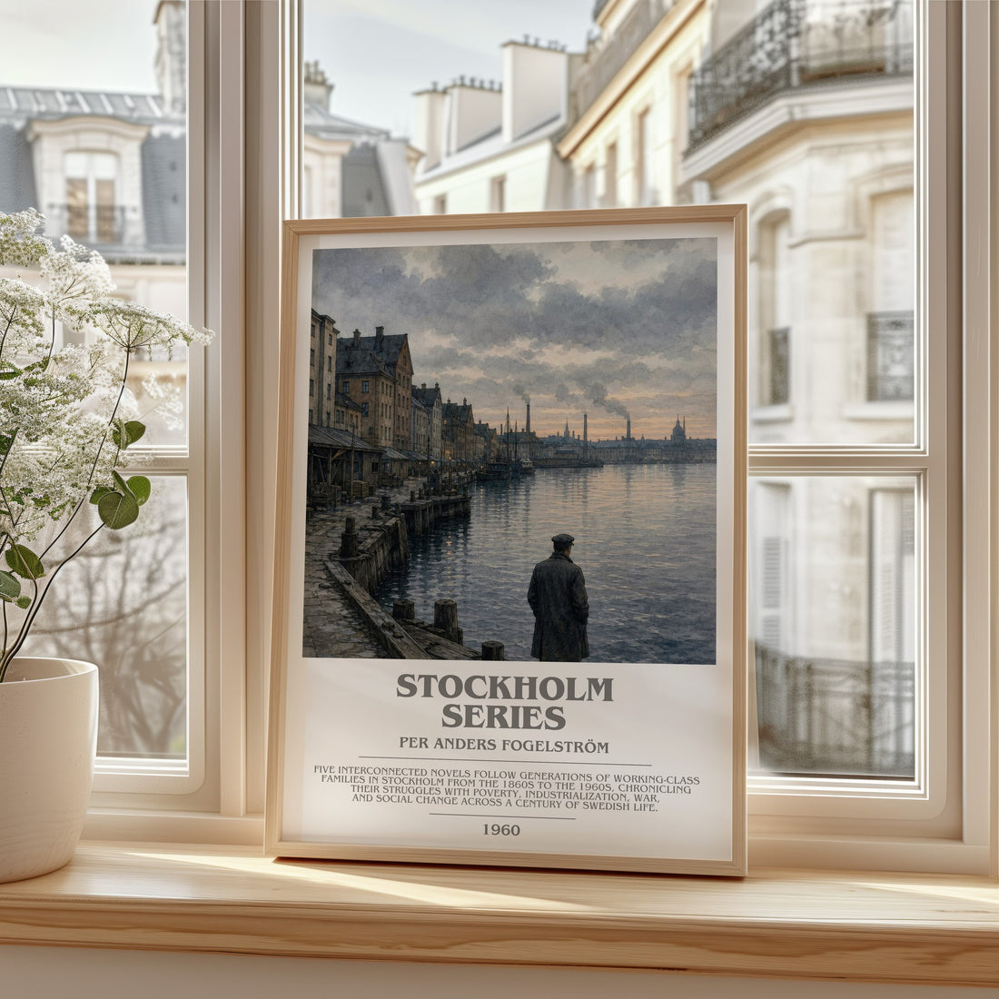 Stockholm series bookish print in frame leaning in hallway – historical fiction wall art