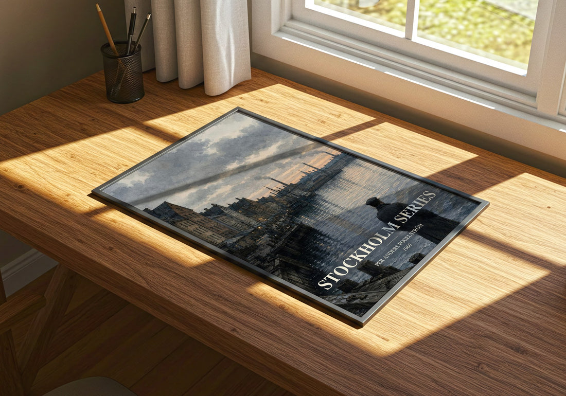 Stockholm series watercolour book poster framed on wall – historical fiction wall art