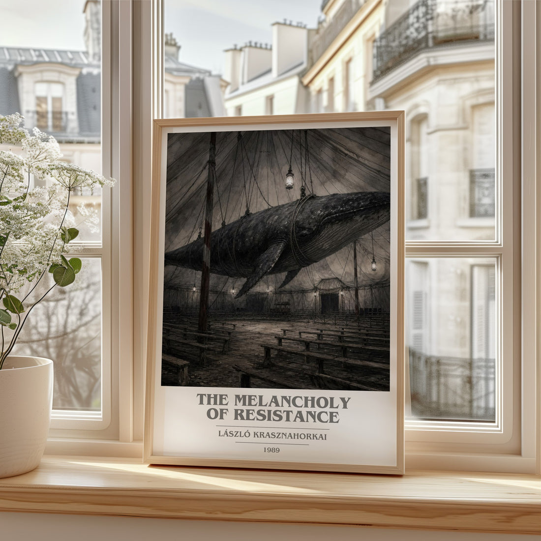The Melancholy of Resistance book cover print in frame leaning in hallway – literary fiction wall art