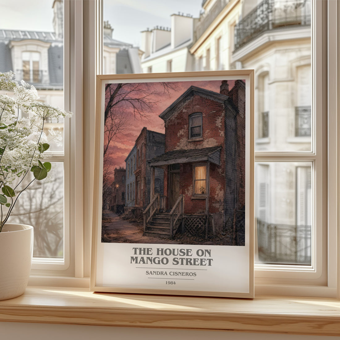 The House on Mango Street book cover print in frame leaning in hallway – coming of age wall art