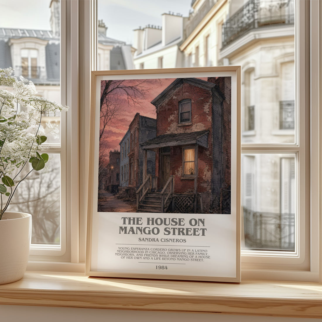 The House on Mango Street bookish print in frame leaning in hallway – coming of age wall art