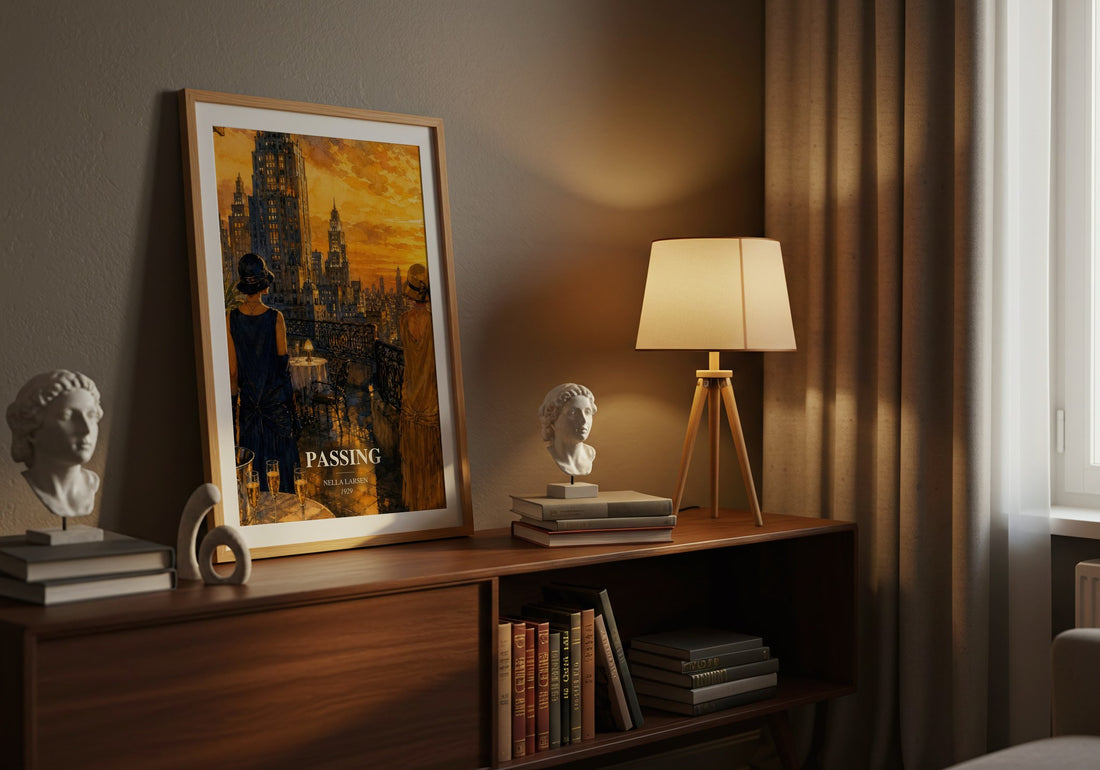 Passing watercolour print on bookshelf – Nella Larsen fan gift
