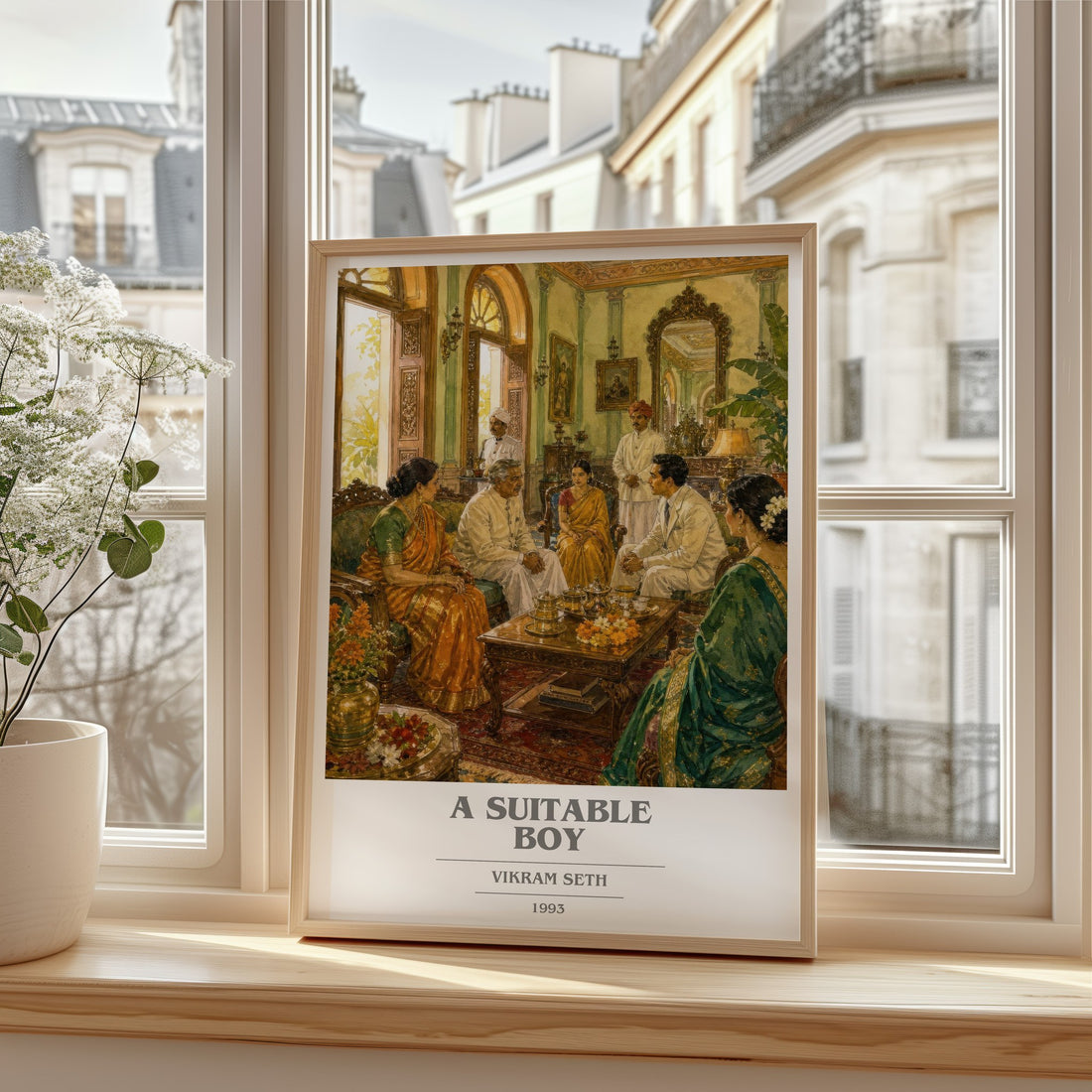 A Suitable Boy book cover print in frame leaning in hallway – literary fiction wall art