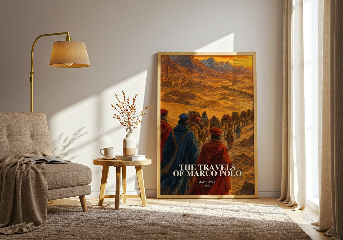 The Travels of Marco Polo watercolour print in frame leaning in hallway – non fiction wall art