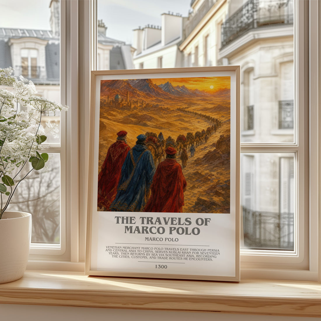 The Travels of Marco Polo bookish print in frame leaning in hallway – non fiction wall art