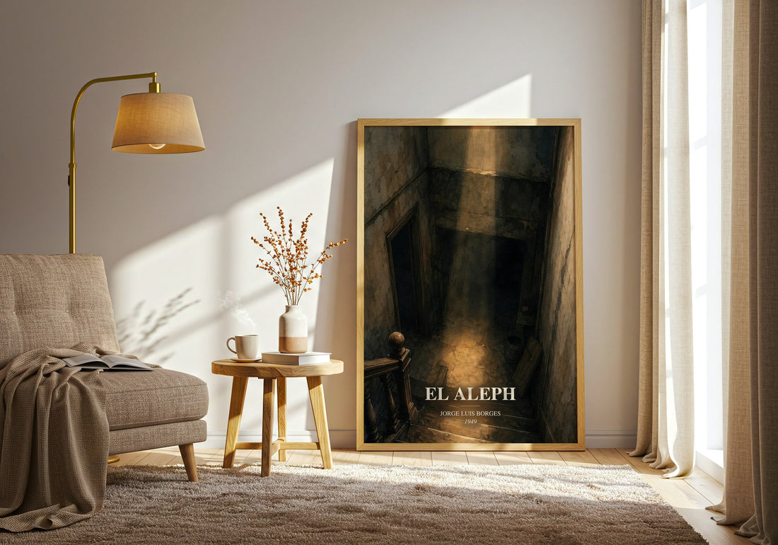 El Aleph watercolour print in frame leaning in hallway – literary fiction wall art