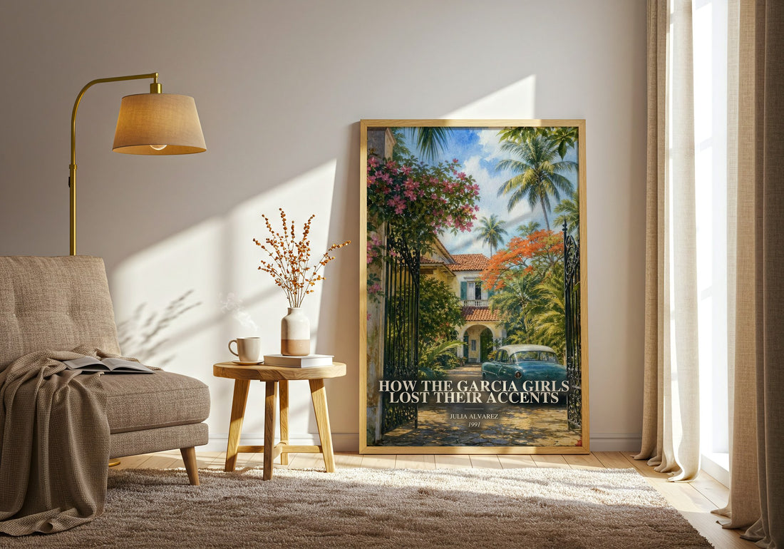 How the Garcia Girls Lost Their Accents watercolour print in frame leaning in hallway – contemporary fiction wall art
