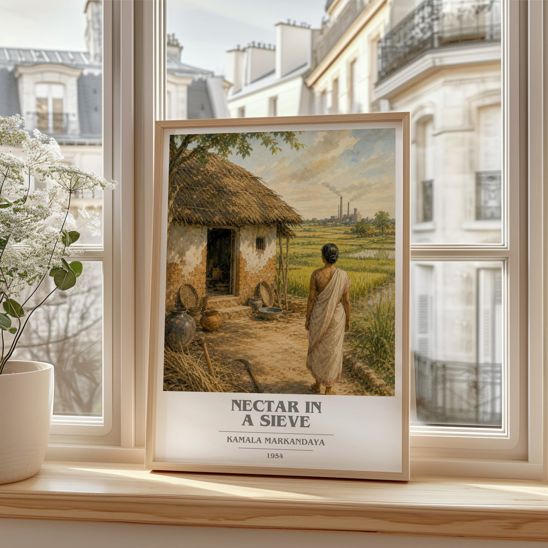 Nectar in a Sieve book cover print in frame leaning in hallway – literary fiction wall art