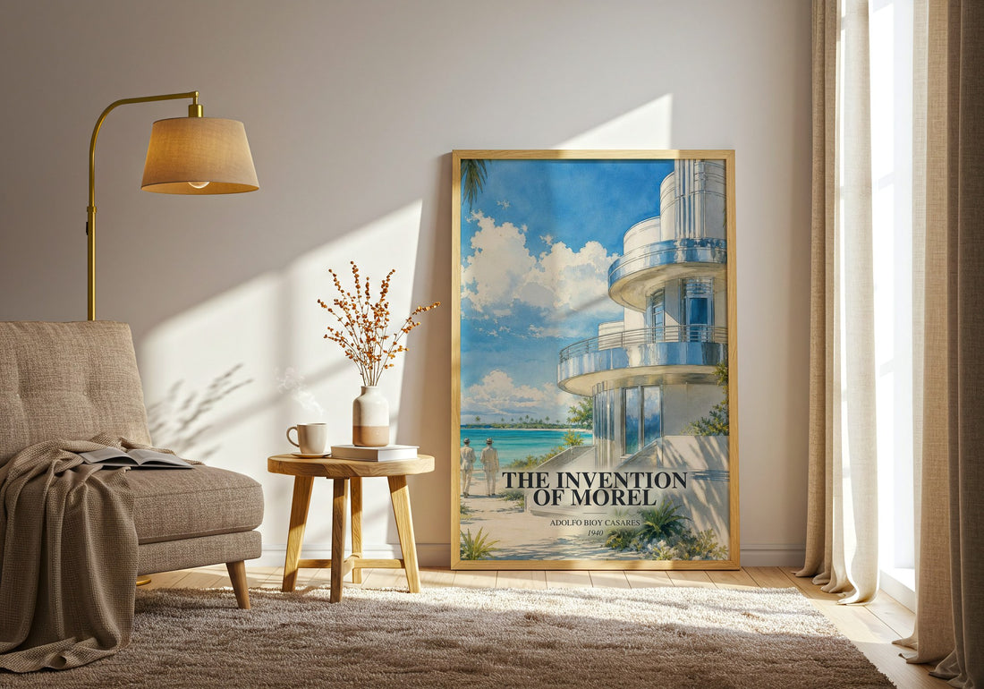 The Invention Of Morel watercolour print in frame leaning in hallway – literary fiction wall art