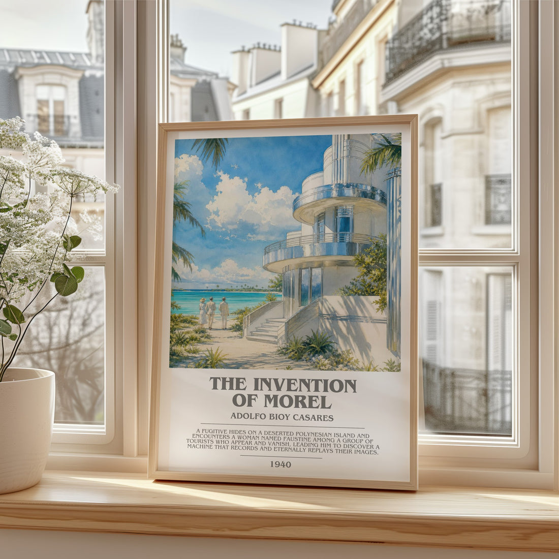 The Invention Of Morel bookish print in frame leaning in hallway – literary fiction wall art