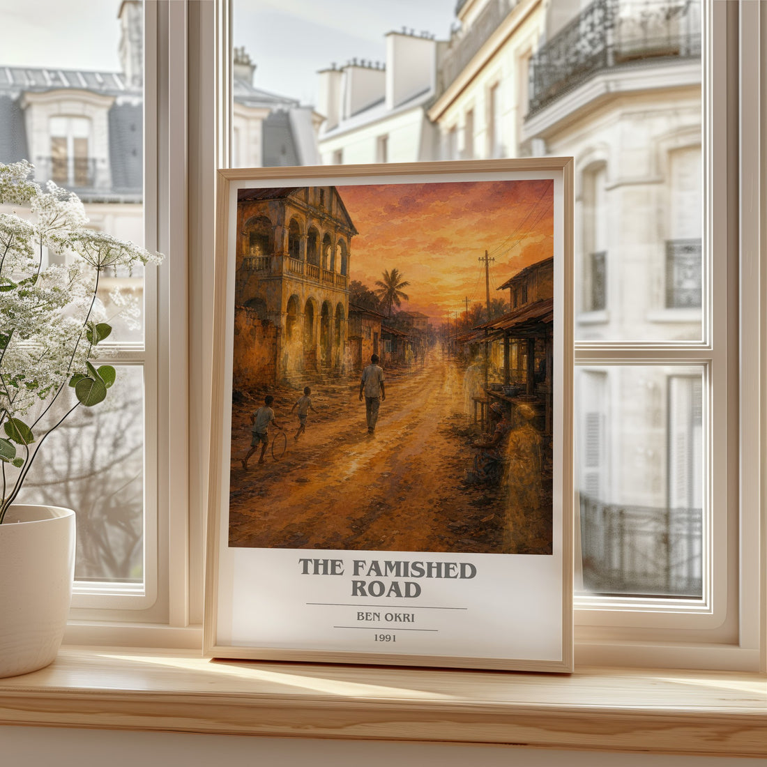 The Famished Road book cover print in frame leaning in hallway – literary fiction wall art