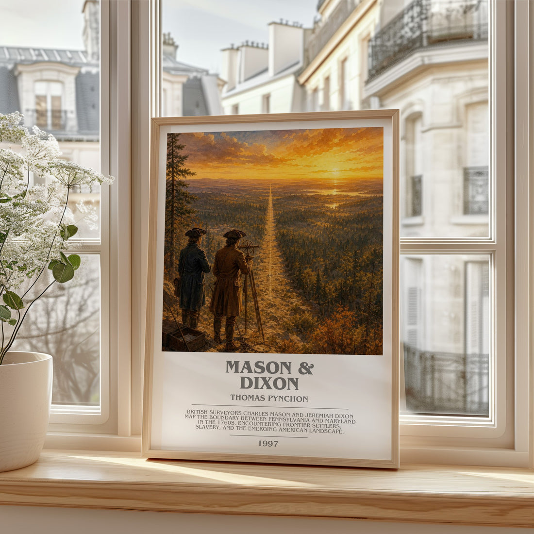 Mason & Dixon bookish print in frame leaning in hallway – literary fiction wall art