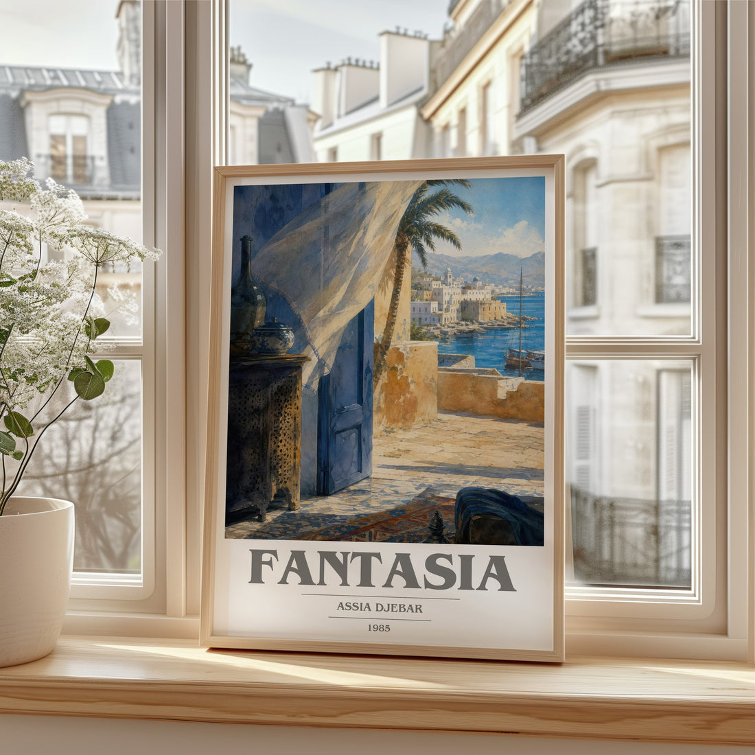 Fantasia book cover print in frame leaning in hallway – literary fiction wall art