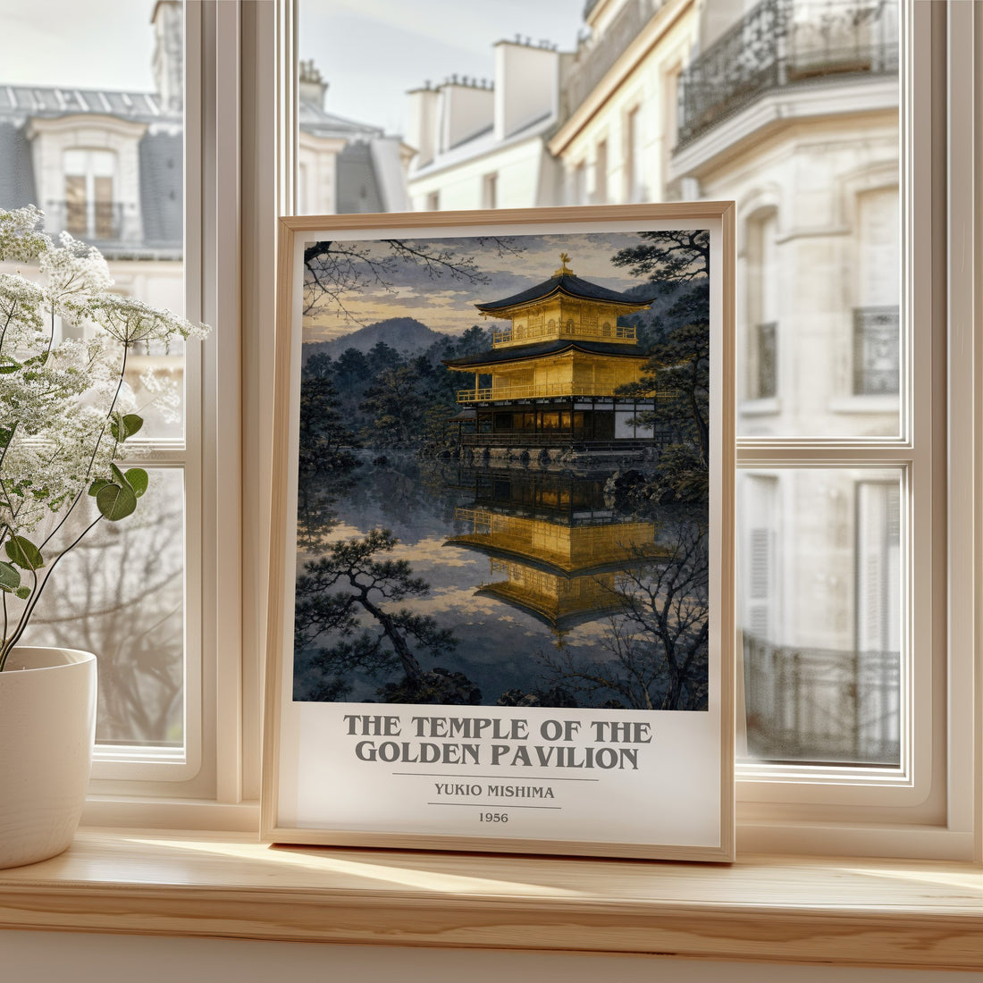 The Temple of the Golden Pavilion book cover print in frame leaning in hallway – literary fiction wall art