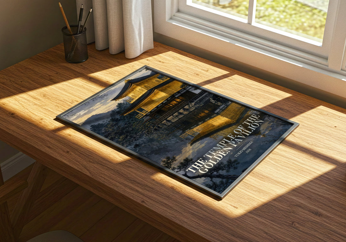 The Temple of the Golden Pavilion watercolour book poster framed on wall – literary fiction wall art