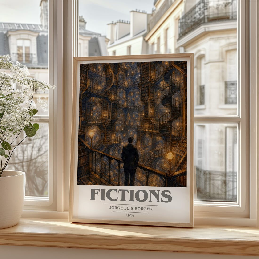 Fictions book cover print in frame leaning in hallway – literary fiction wall art