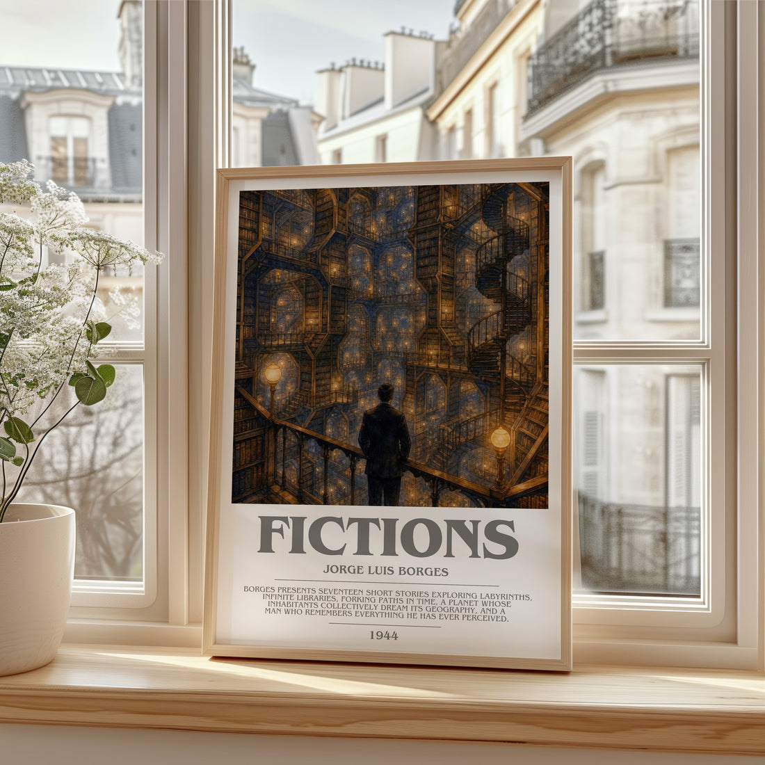 Fictions bookish print in frame leaning in hallway – literary fiction wall art