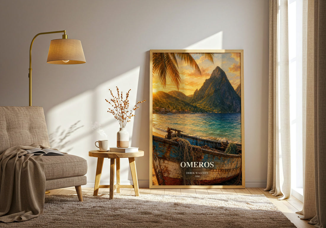Omeros watercolour print in frame leaning in hallway – poetry wall art