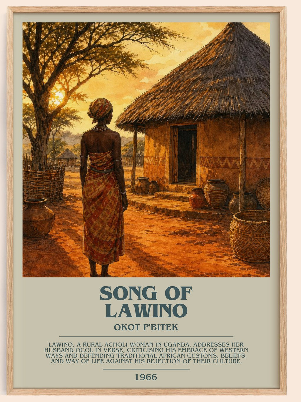 Song Of Lawino bookish book poster by Okot P'Bitek – framed literary art print