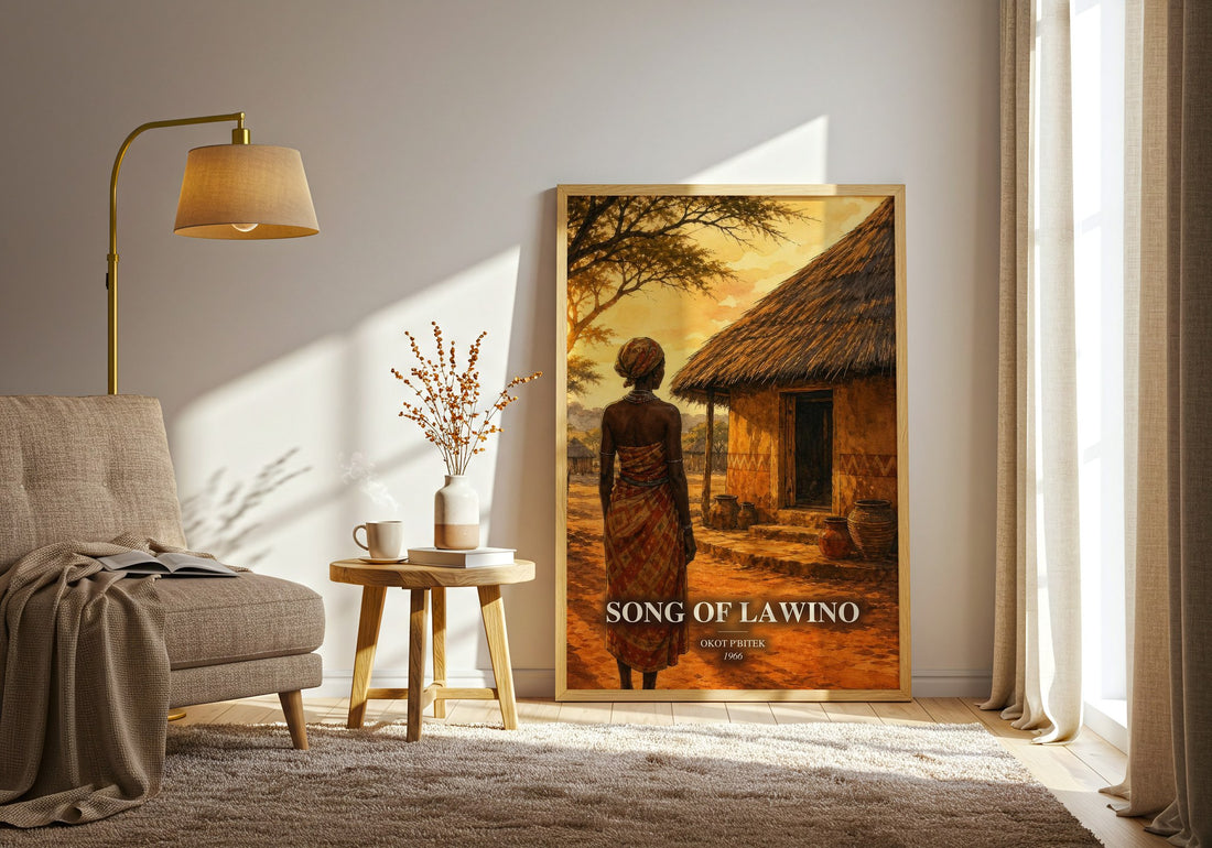 Song Of Lawino watercolour print in frame leaning in hallway – poetry wall art