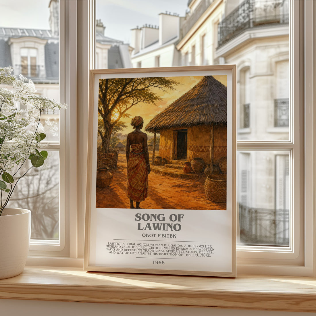 Song Of Lawino bookish print in frame leaning in hallway – poetry wall art