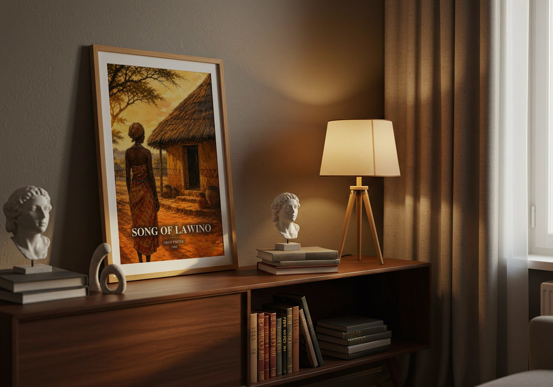 Song Of Lawino watercolour print on bookshelf – Okot P'Bitek fan gift