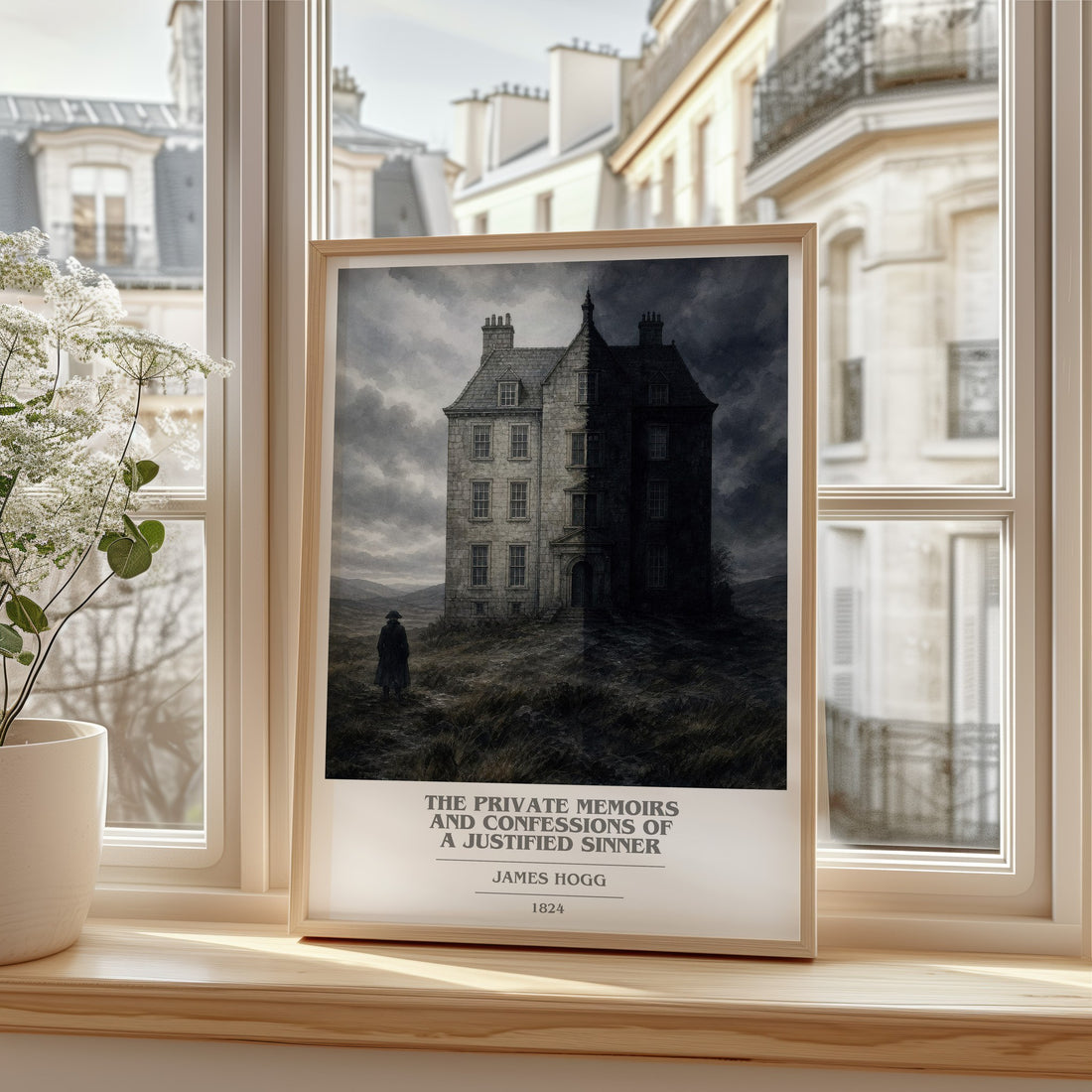 The Private Memoirs and Confessions of a Justified Sinner book cover print in frame leaning in hallway – gothic wall art