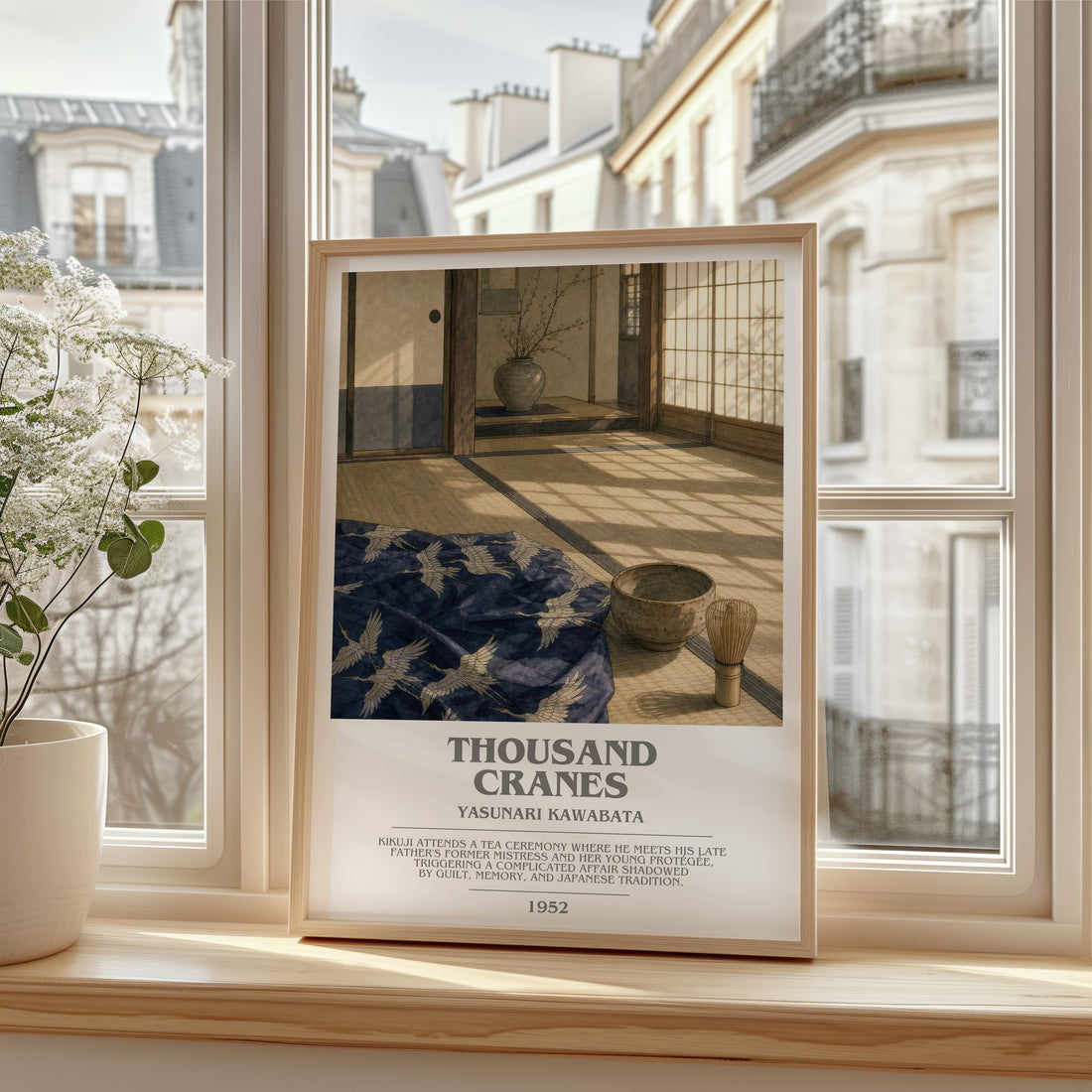 Thousand Cranes bookish print in frame leaning in hallway – literary fiction wall art