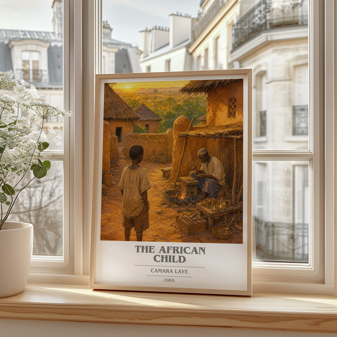 The African Child book cover print in frame leaning in hallway – memoir wall art