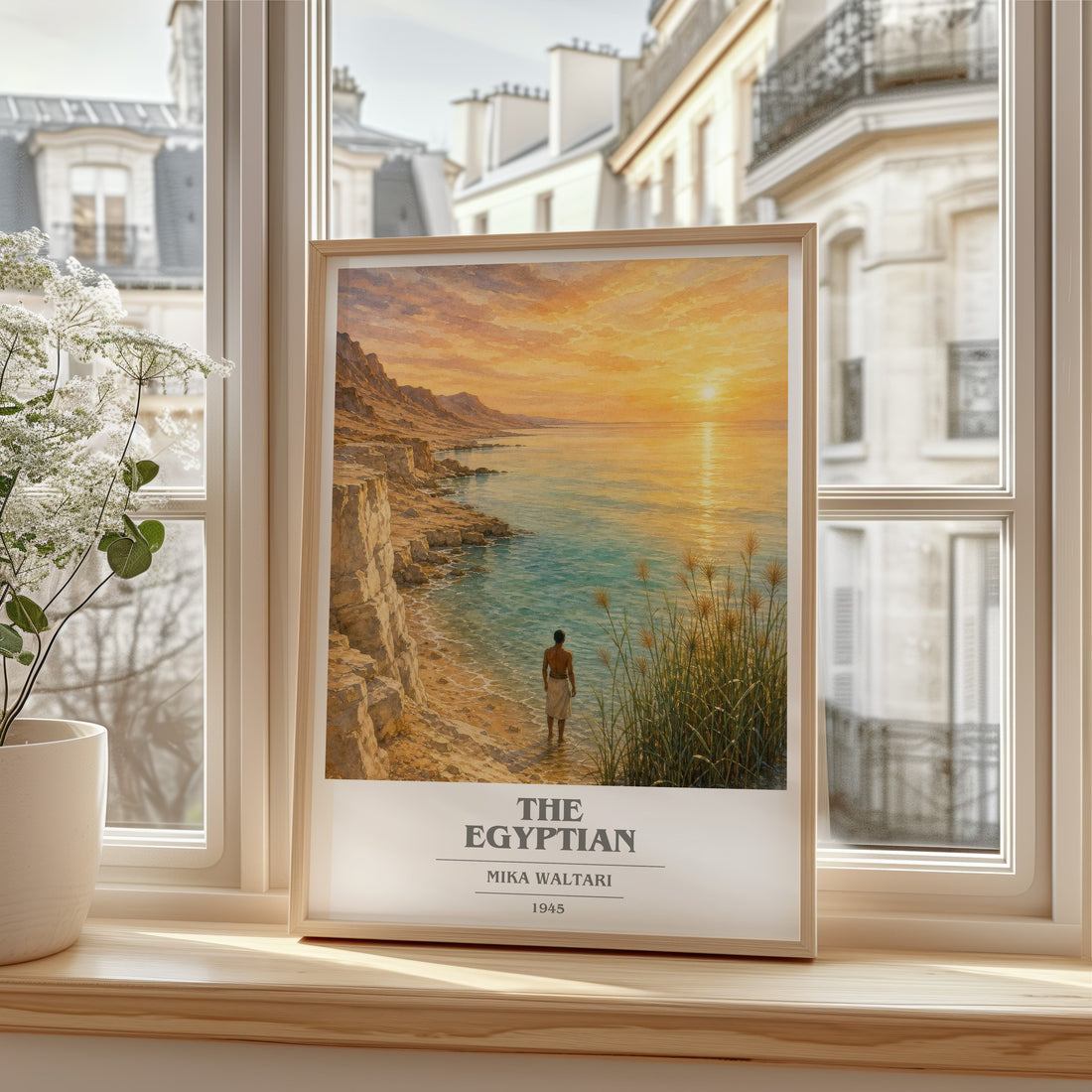 The Egyptian book cover print in frame leaning in hallway – historical fiction wall art