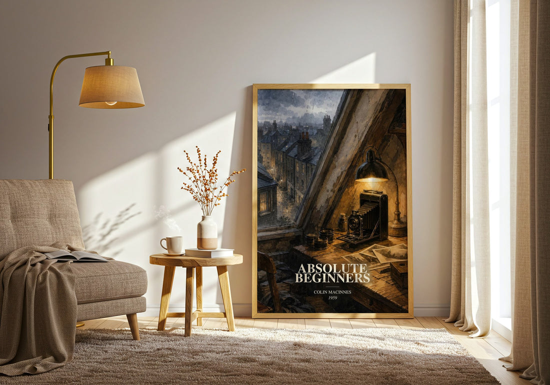 Absolute Beginners watercolour print in frame leaning in hallway – literary fiction wall art