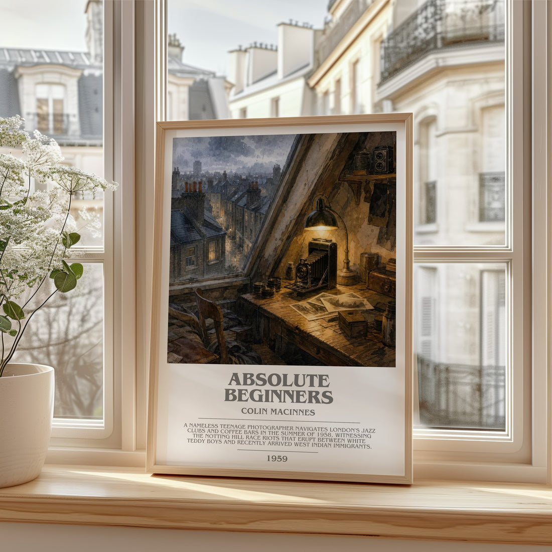 Absolute Beginners bookish print in frame leaning in hallway – literary fiction wall art