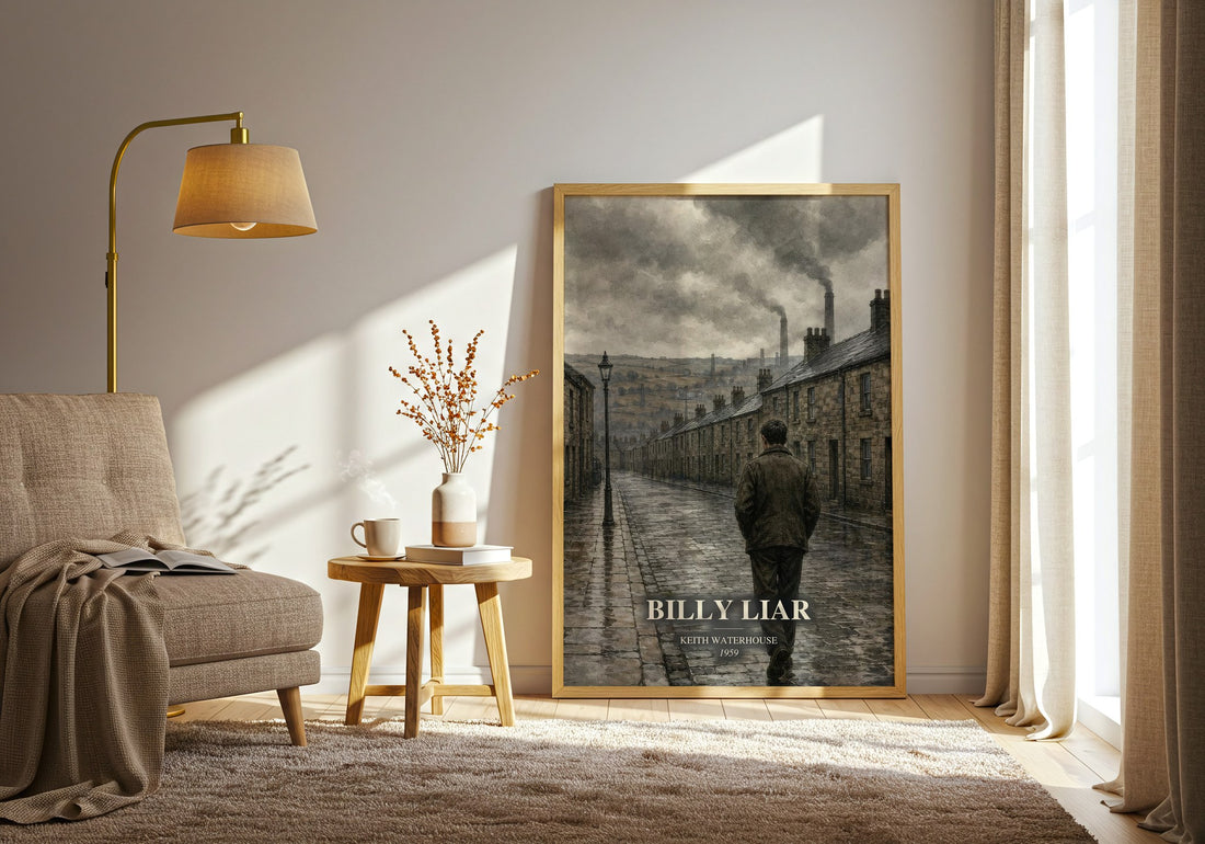 Billy Liar watercolour print in frame leaning in hallway – satire wall art