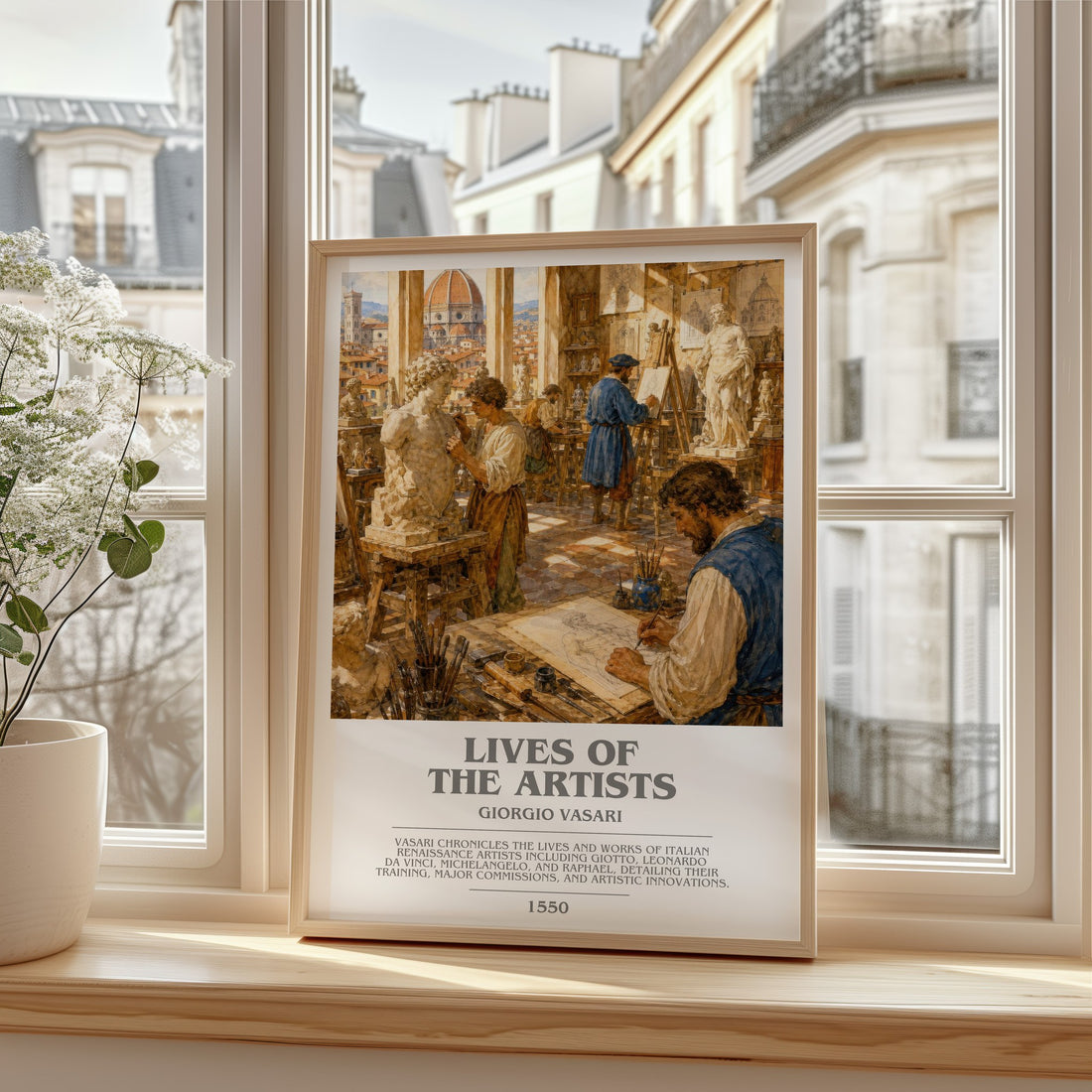 Lives of the Artists bookish print in frame leaning in hallway – non fiction wall art