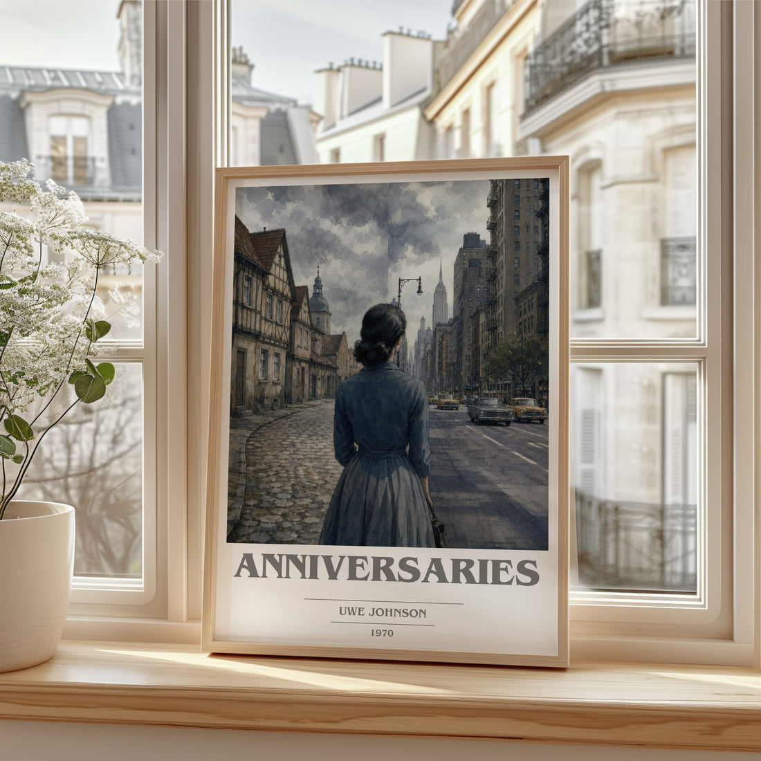 Anniversaries book cover print in frame leaning in hallway – literary fiction wall art