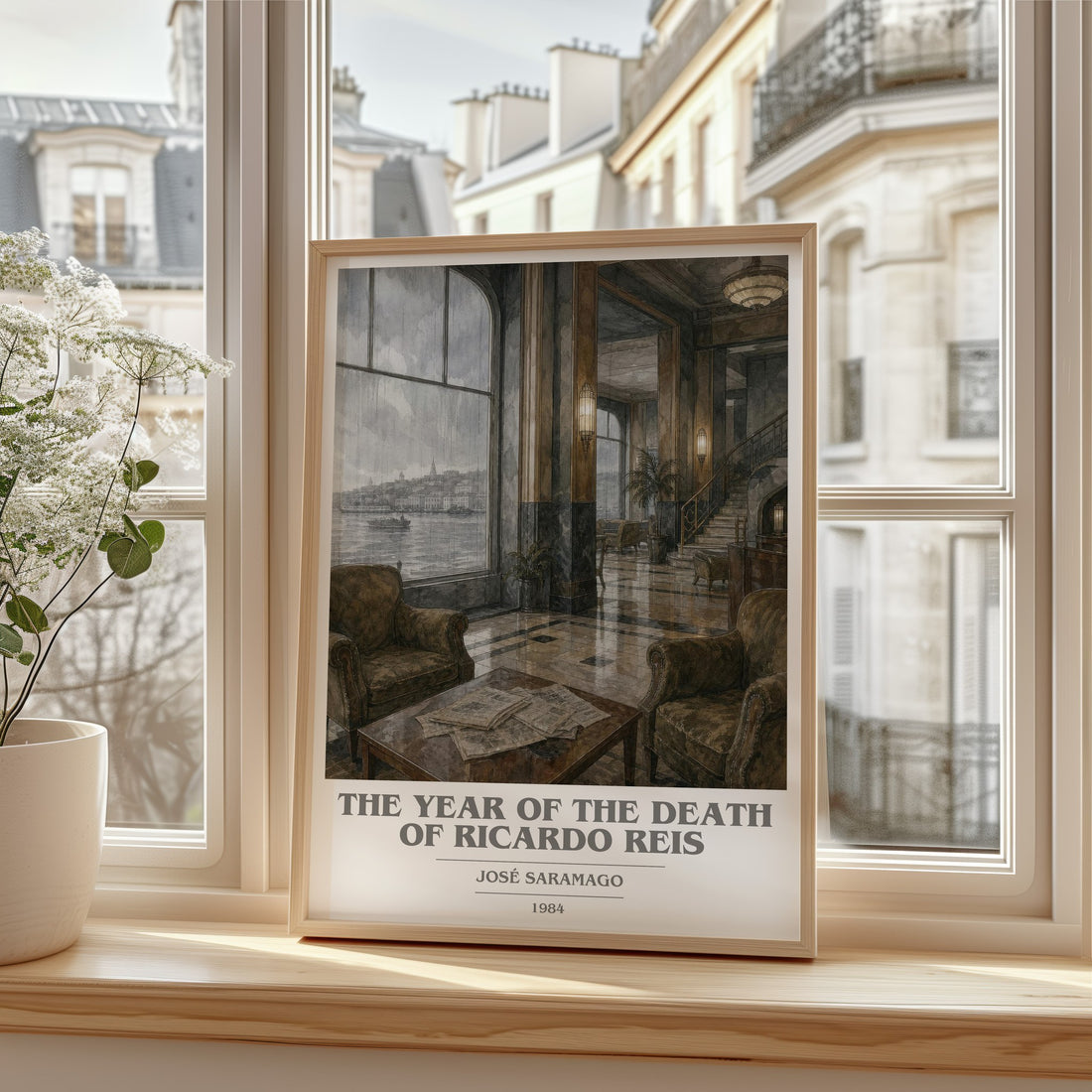 The Year of the Death of Ricardo Reis book cover print in frame leaning in hallway – literary fiction wall art