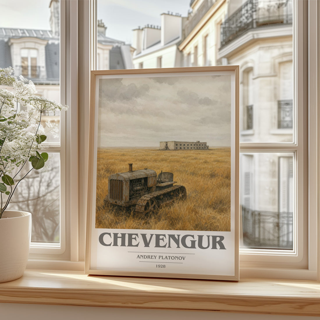 Chevengur book cover print in frame leaning in hallway – literary fiction wall art